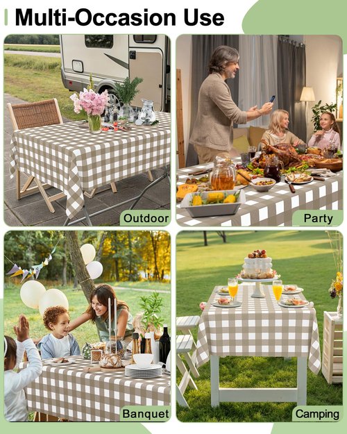 Smiry 20 Packs Gingham Disposable Table Cloth, 54 x 108 Inch Waterproof Plastic Tablecloth, Rectangle Khaki and White Checkered Table Covers for Outdoor, Picnic, Birthday, Party