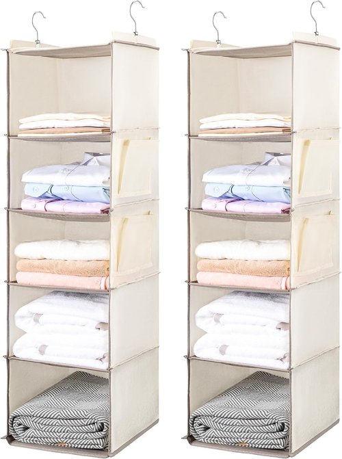 BOOMIBOO Hanging Closet Organizer - 5-Tier Shelves with 2 Side Pockets | Foldable Storage (Beige, 2 Pack)
