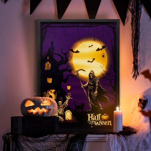 ArtbyHannah Lighted Halloween Wall Decor, Spooky Skeleton Wall Art with Gothic Haunted Mansion & Dark Academia Pictures for Kitchen Mantel Entryway Indoor Decorations (20×28 Inch)