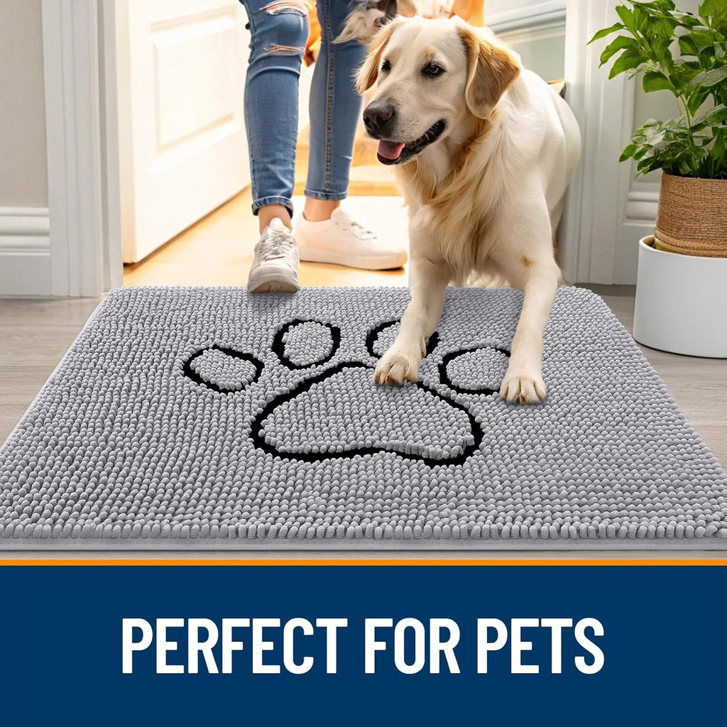 OLANLY Dog Door Mat - Absorbent Muddy Paws Doormat | Non-Slip Chenille, 36x24, Light Grey
