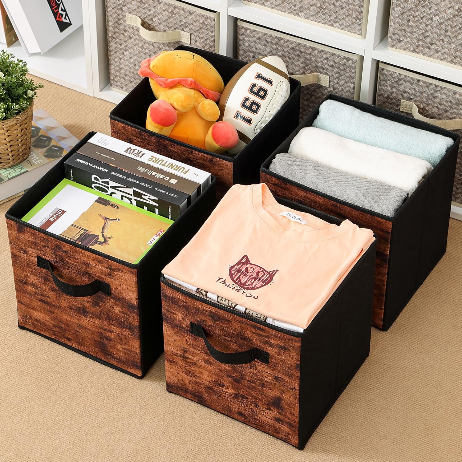 Stero Fabric Storage Cubes - 6 Pack Foldable Bins with Handles | 13-Inch Rustic Brown & Black Organizer