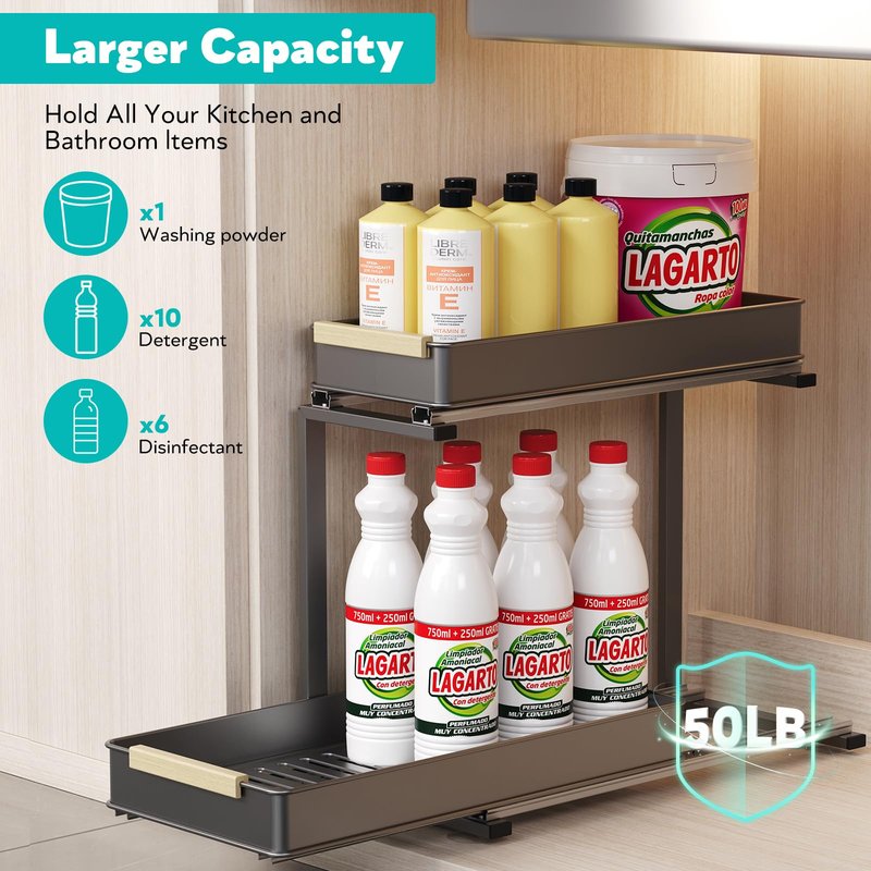 AndUp Under Sink Organizer, 2 Tiers Pull Out Bathroom Organizers and Storage, Slide Out Cabinet Organizer Shelf for Kitchen Bathroom, Multi-Purpose Collection Organizer Drawer Shelf (Gray, 2pcs)