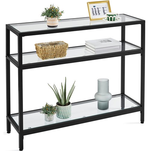Yaheetech 39.5" Console Table with 3 Storage Shelves,Tempered Glass Sofa Table, Modern Entryway Tables with Metal Frame for Hallway Living Room Bedroom, Easy Assembly, Black
