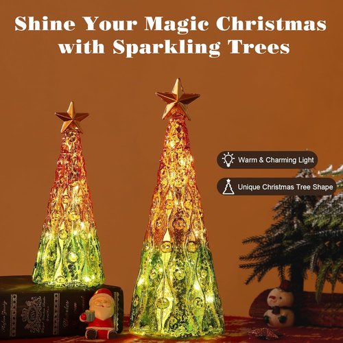 Lewondr Glass Christmas Trees - 2 PCS Mercury Tabletop Lamps with Built-in Lights | Green & Gold Decor