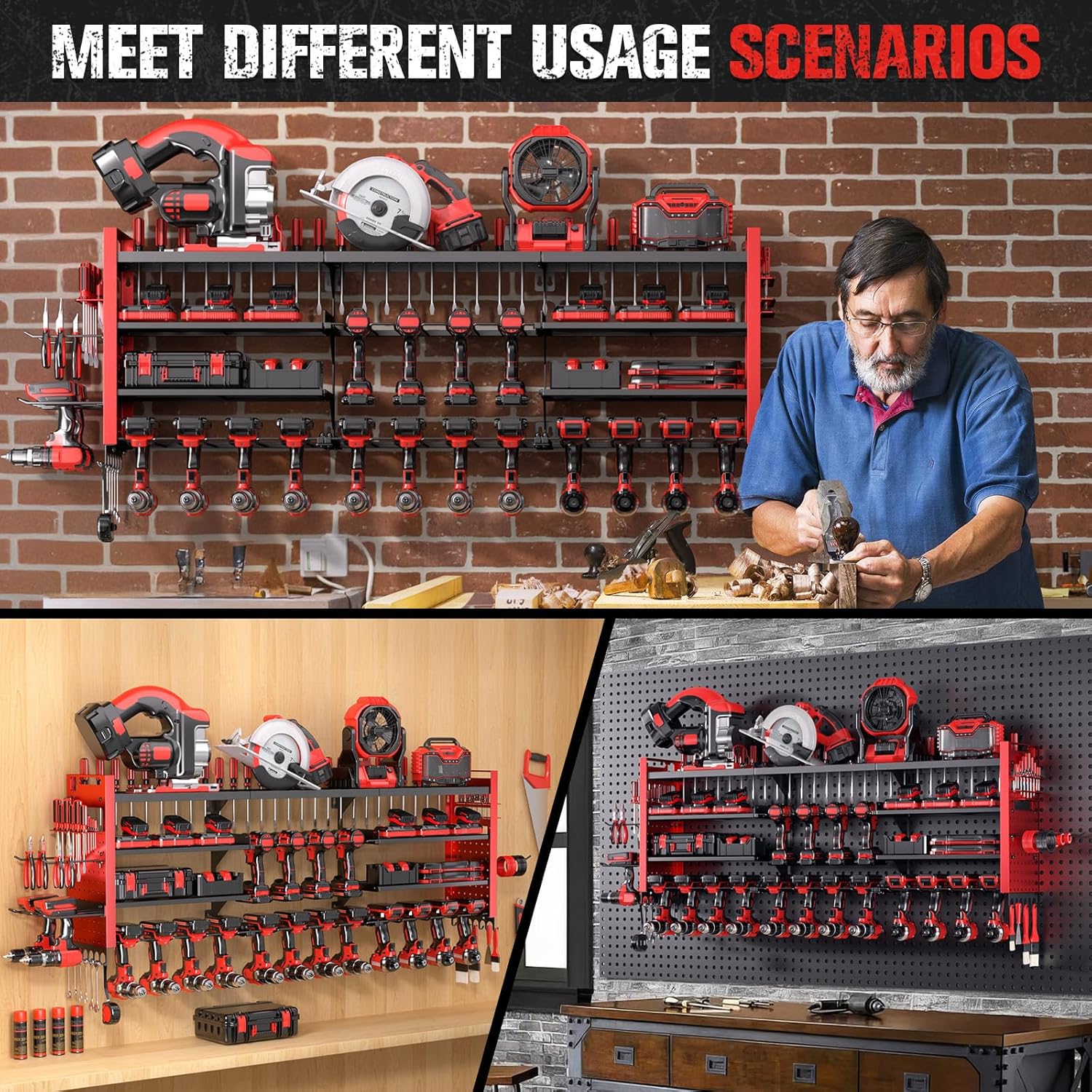 Super Large Power Tool Organizer - 4-Layer Heavy Duty Wall Mount with 18 Cordless Drill Holders | 600 lb Capacity (Red)
