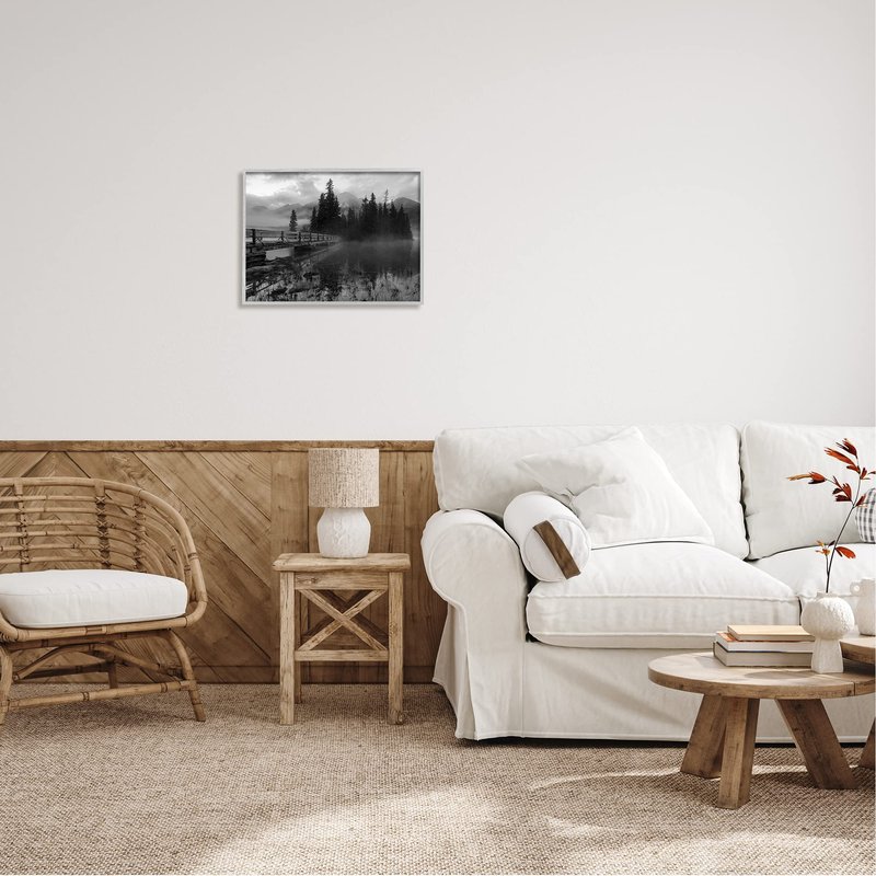 Stupell Industries Black & White Cloudy Scenery Lake Bridge Foggy Mountains, Design by Daniel Sproul