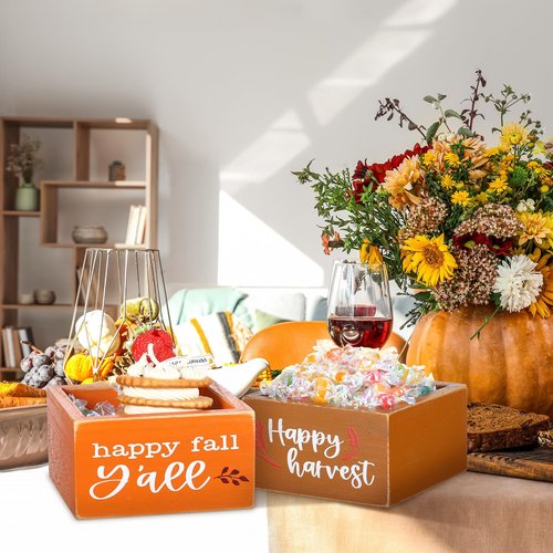 Colingmill 2 Pcs Thanksgiving Candy Dish Mini Wooden Thanksgiving Candy Bowl Thankful Blessed Harvest Orange Candle Holder Farmhouse Bowls Party Supplies for Housewarming Gift(Orange,Gold,Fall)