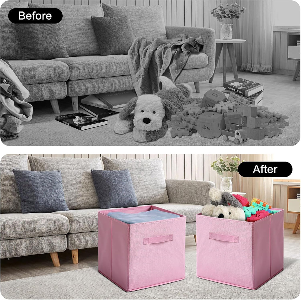 Skiennix Fabric Storage Bins - 6 Pack Collapsible Cube Organizer for Closet & Living Space | Foldable Pink Boxes with Handles (11 Inch)