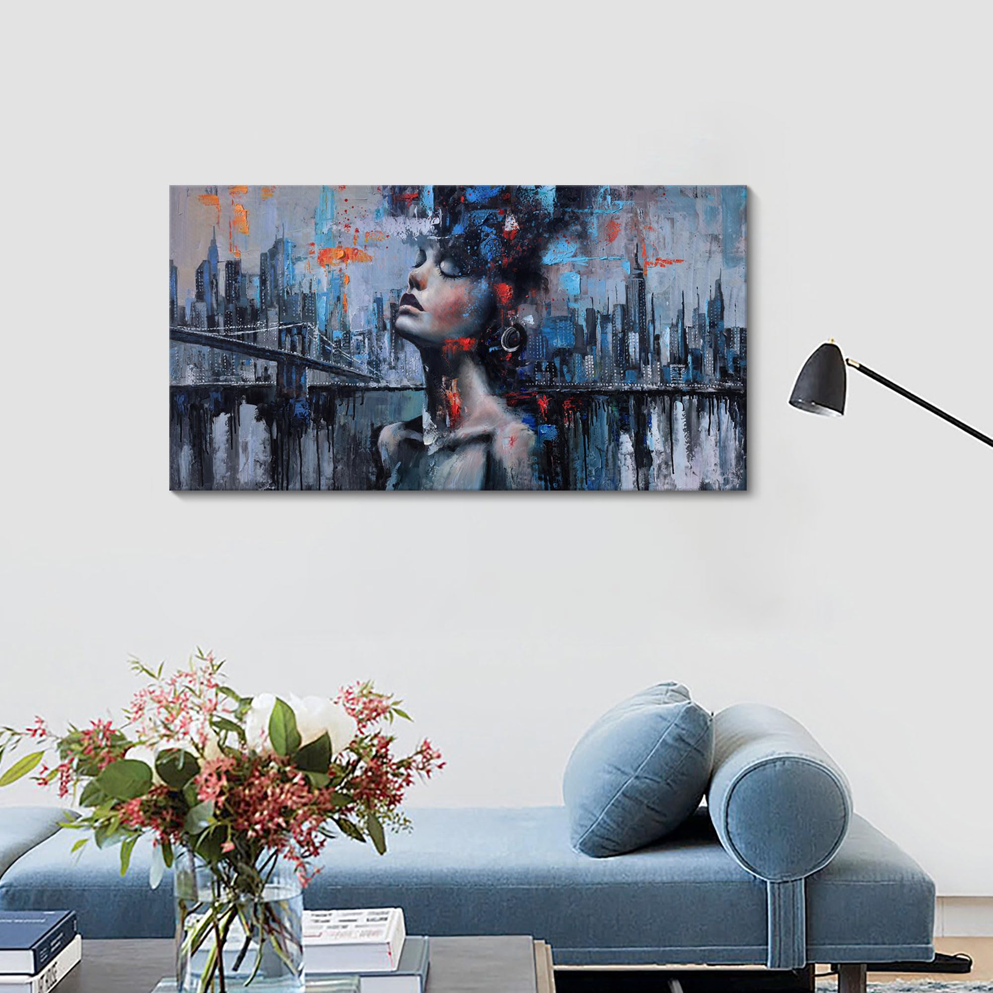 Navy Blue Abstract Wall Art Woman Picture for Living Room Modern Home Bedroom Decoration New York City Framed Cityscape Artwork Decor 20x40IN