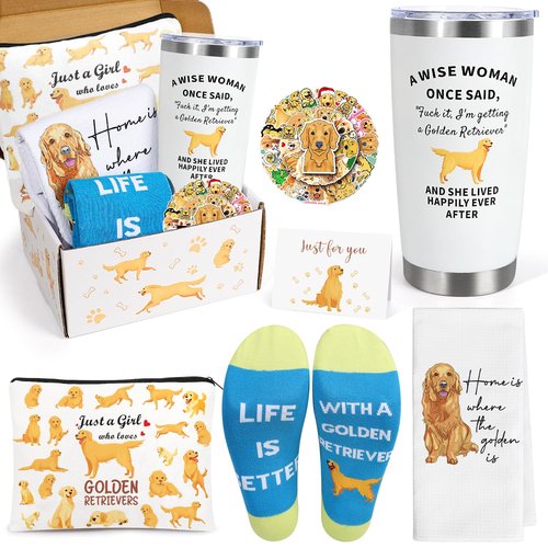 UAREHIBY Golden Retriever Gifts, Christmas Birthday Gift Box for Women, Golden Retriever Decor with 20 OZ Wine Tumbler, Dish Towels, Socks, Make up Bag for Dog Lovers, Gifts for Dog Mom