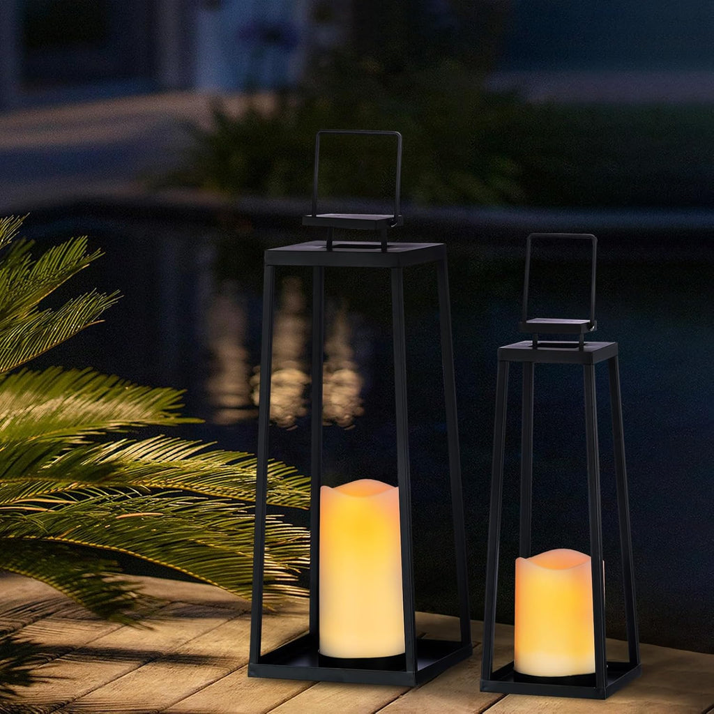 Skiennix Solar Lanterns - Decorative Outdoor Set of 2 | Modern Black Metal with Solar Candles (18’’ & 15’’)