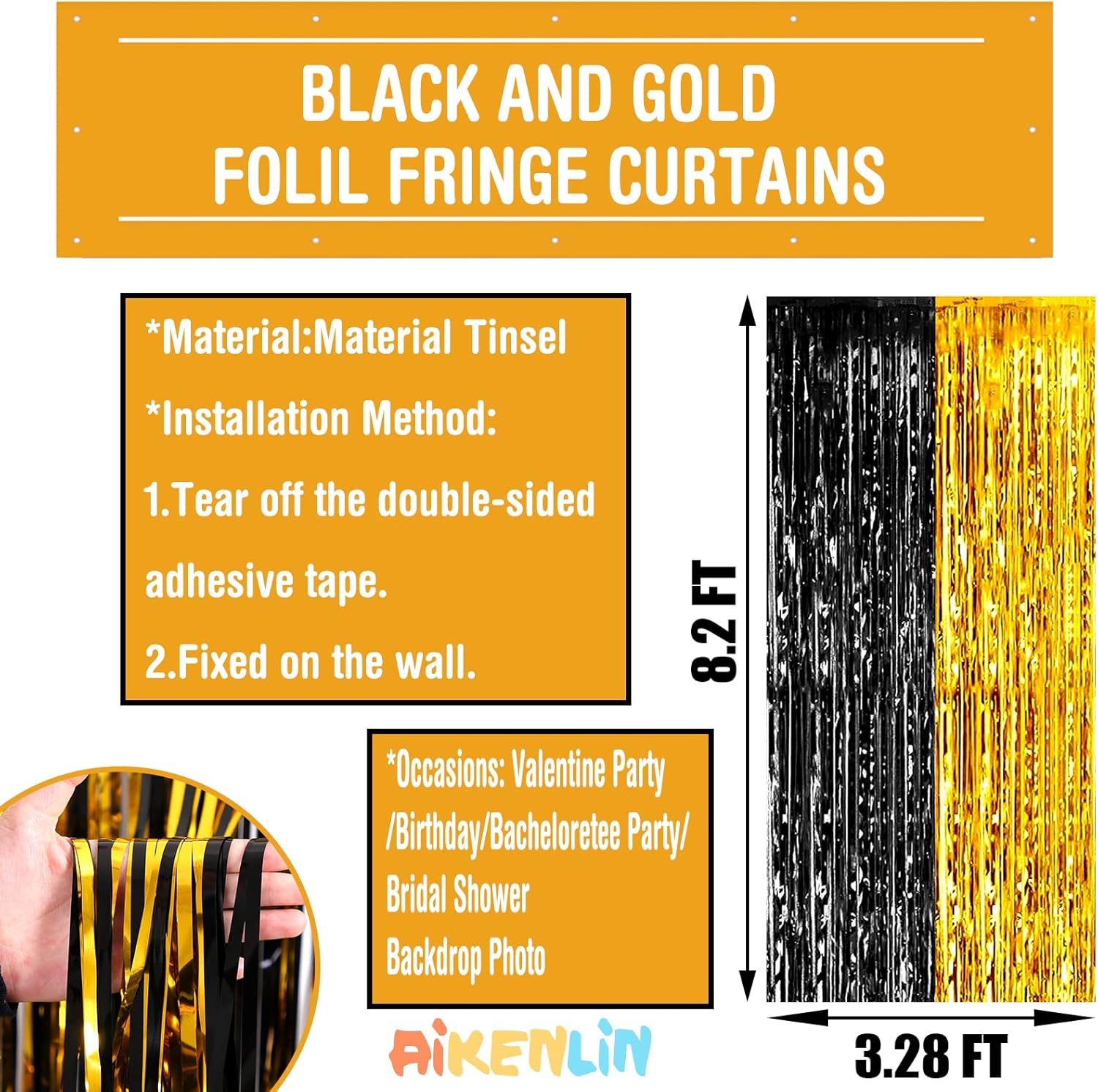 Skiennix Black Gold Foil Fringe Curtain Backdrop - 4 Pack Metallic Tinsel Streamers for Parties & Events