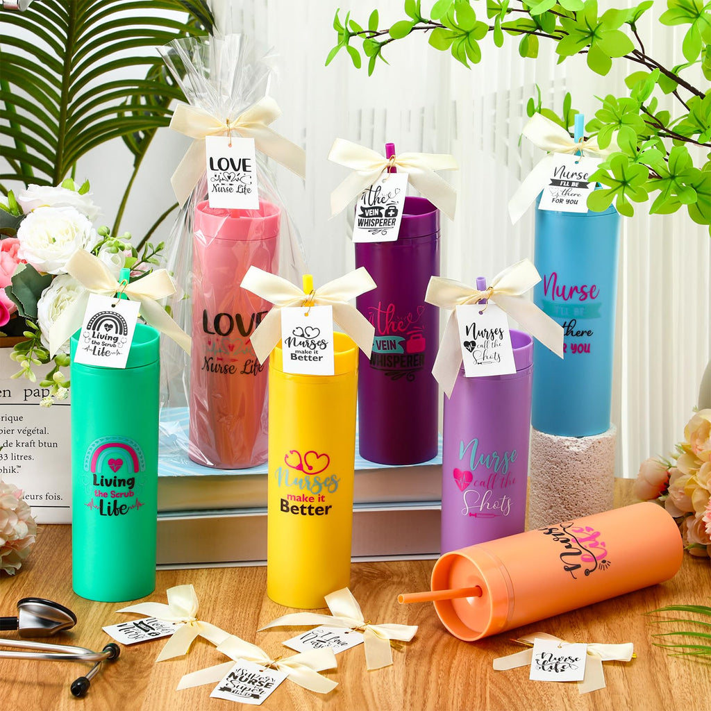 Jinei 12 Sets Nurse Appreciation Gifts Bulk, 16 oz Thank You Nurse Tumblers with Lids and Straws, Positive Cards with Bowknot for Women Men Holiday Office Party Favor(Elegant)
