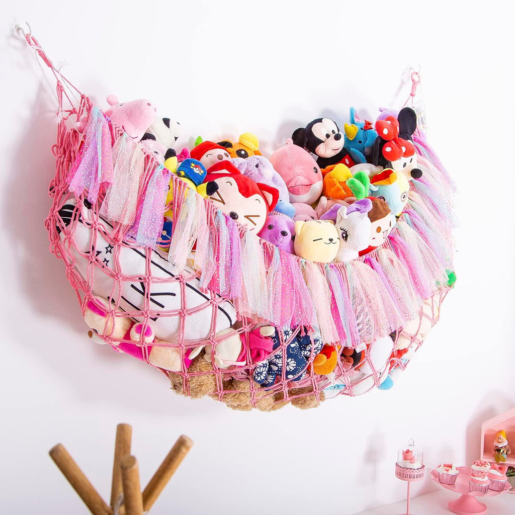 Jumbo Toy Hammock for Stuffed Animal Net Boho Macrame Toy Hammock with Led Light Stuffed Animal Storage Ideas Plush Toy Display Squishmallow Holder Net-Pink