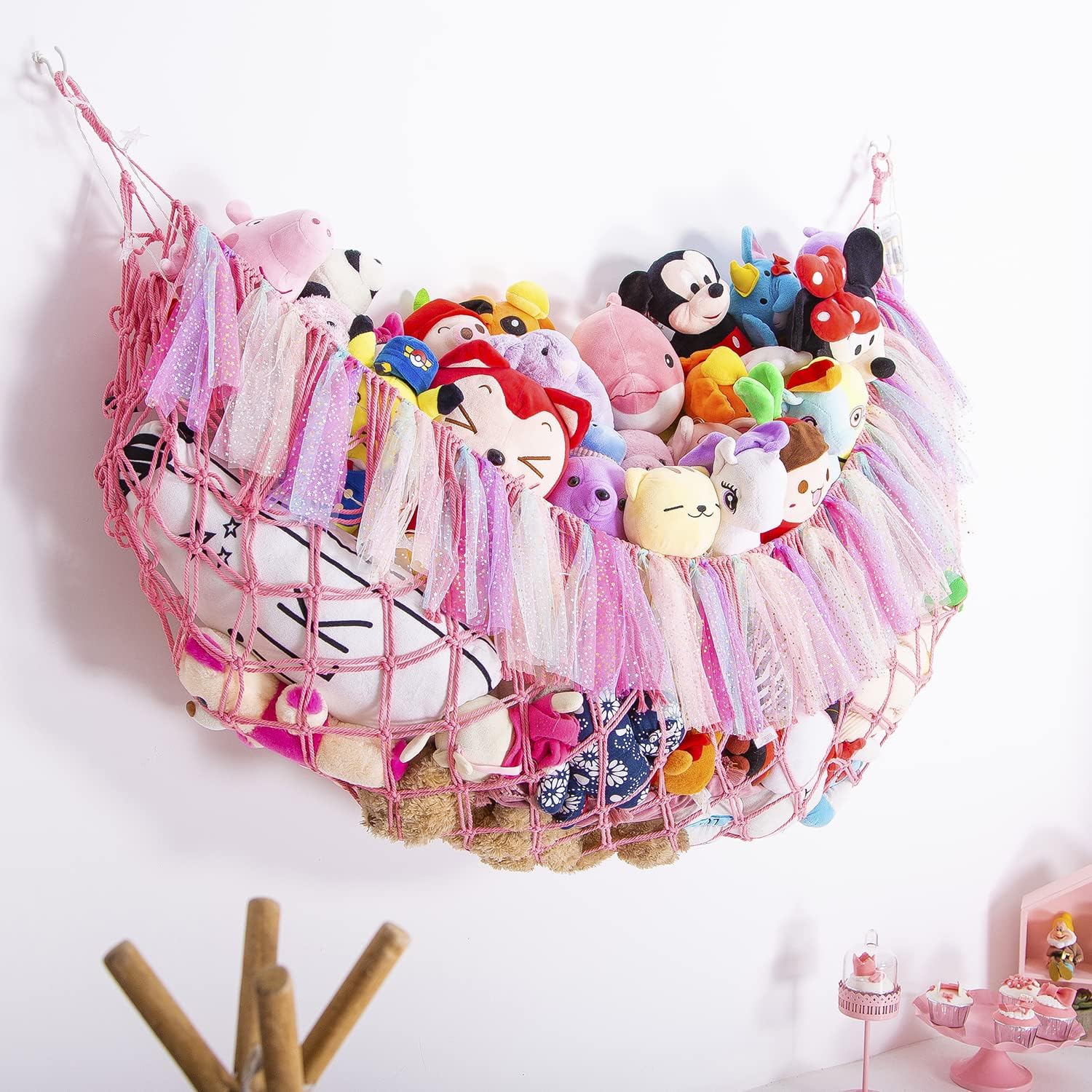 Jumbo Toy Hammock for Stuffed Animal Net Boho Macrame Toy Hammock with Led Light Stuffed Animal Storage Ideas Plush Toy Display Squishmallow Holder Net-Pink