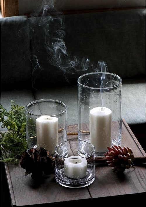 ARIAMOTION Hurricane Candle Holders - Hand Blown Glass Cylinder Vases | Set of 3 for Elegant Table Centerpiece