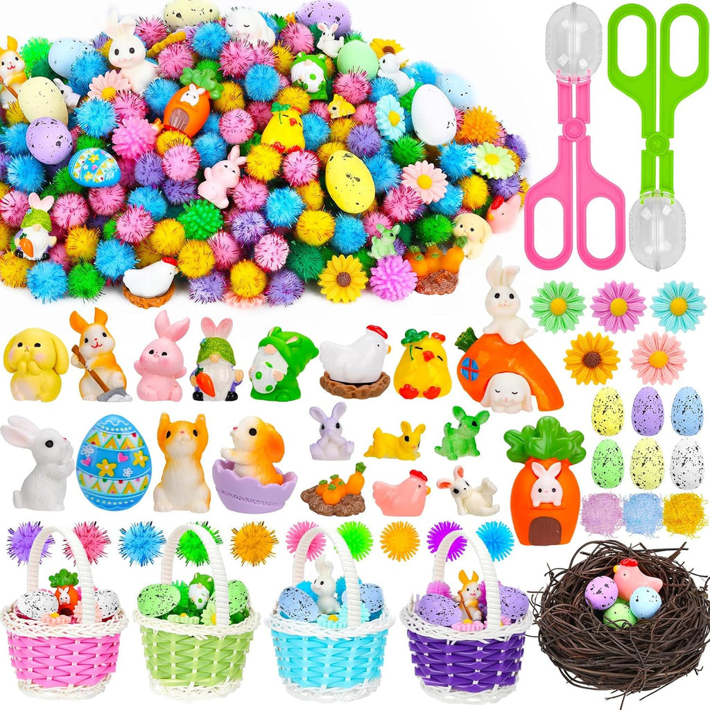 Spring Sensory Bin Filler by Easter - 287 Pcs with Eggs, Bunnies, Felt Flowers & Pom Poms for Counting & Sorting