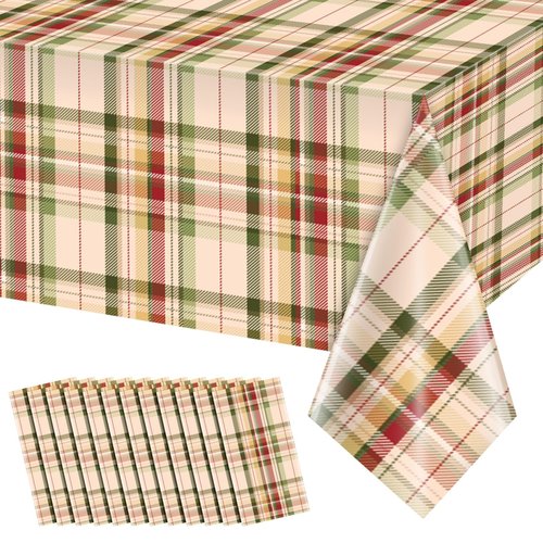 12Pack Fall Buffalo Checkered Plaid Table Covers, Plastic Give Thanks Buffalo Checkered Plaid Tablecloth Backdrop for Autumn Thanksgiving Birthday Baby Shower Friends Giving Party Supplies,54x108inch