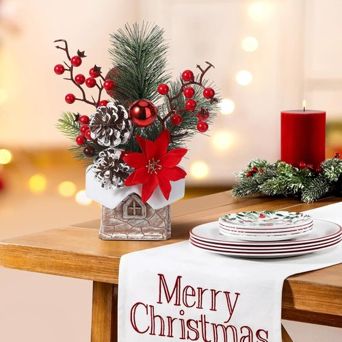 Hatisan Artificial Christmas Tree - Small Tabletop Design with Ornaments & Pine Cones | Red