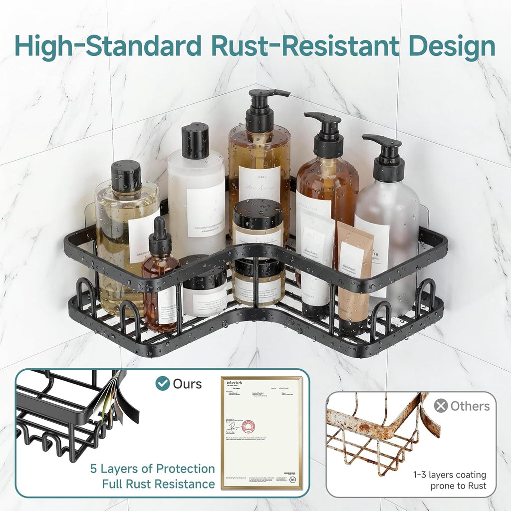 Veken Corner Shower Caddy - Advanced Rustproof Design | No Drilling Adhesive Shelves, Large Capacity, Black