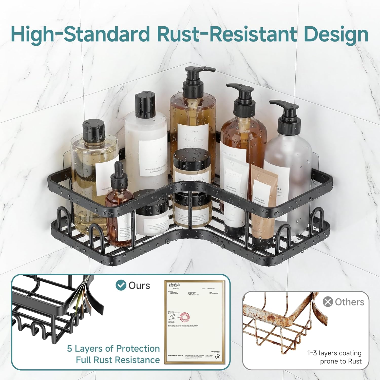 Veken Corner Adhesive Shower Caddy 3-Pack - Rustproof, Waterproof Bathroom Organizers | No Drilling, Black