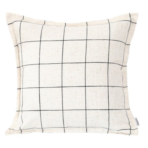 A Striped Pillow in White and Black, with a Bohemian Style. The Back Features a Hidden Zipper Design That resembles an Envelope. Made of Linen. Each Pack Contains Two 20×20-inch Hand-Stitched Edges.