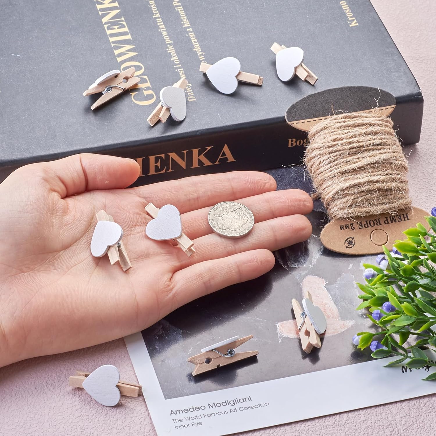 Pandahall 100 Pcs White Heart Clothespins - Wooden Photo Clips with 10.9 Yards Natural Jute Twine for Home Decor
