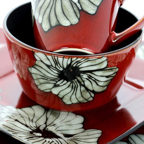 Elama's Luxurious Red Winter Bloom 16 Piece Dinnerware Set with Complete Settign for 4