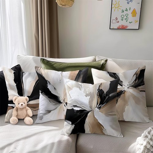 Black White Modern Throw Pillow Covers,Neutral Abstract Art Pillow Case,Decorative Pillow Covers for Bedroom Living Room,Abstract Art Pillow Cover Home Decor,Set of 4 (White & Brown, 18x18inches)