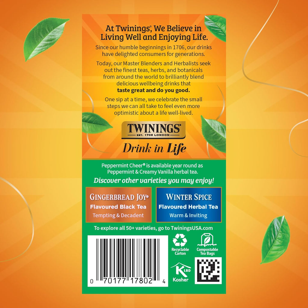Twinings Peppermint Cheer Herbal Tea - Caffeine-Free, 20 Individually Wrapped Bags (Pack of 6) | Enjoy Hot or Iced