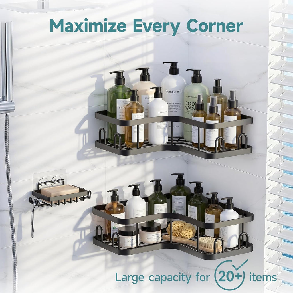 Veken Corner Adhesive Shower Caddy 3-Pack - Rustproof, Waterproof Bathroom Organizers | No Drilling, Black