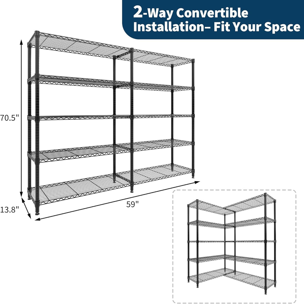 Skiennix 5-Tier Metal Shelving Unit - Heavy-Duty L-Shaped Kitchen Storage | 70.5" H x 59" W x 13.8" D