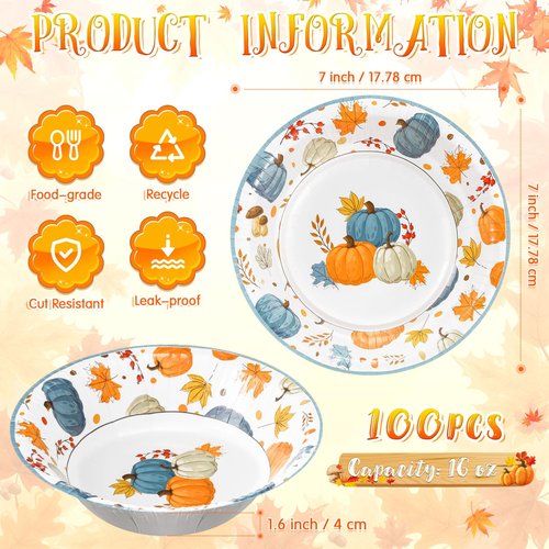 Sliner 100 Pcs 16 oz Thanksgiving Paper Bowl Pumpkin Autumn Maple Leaves Disposable Fall Thanksgiving Soup Bowl for Holiday Party Snack Dessert Salad Milk Cereal Serving Catering Event Supplies