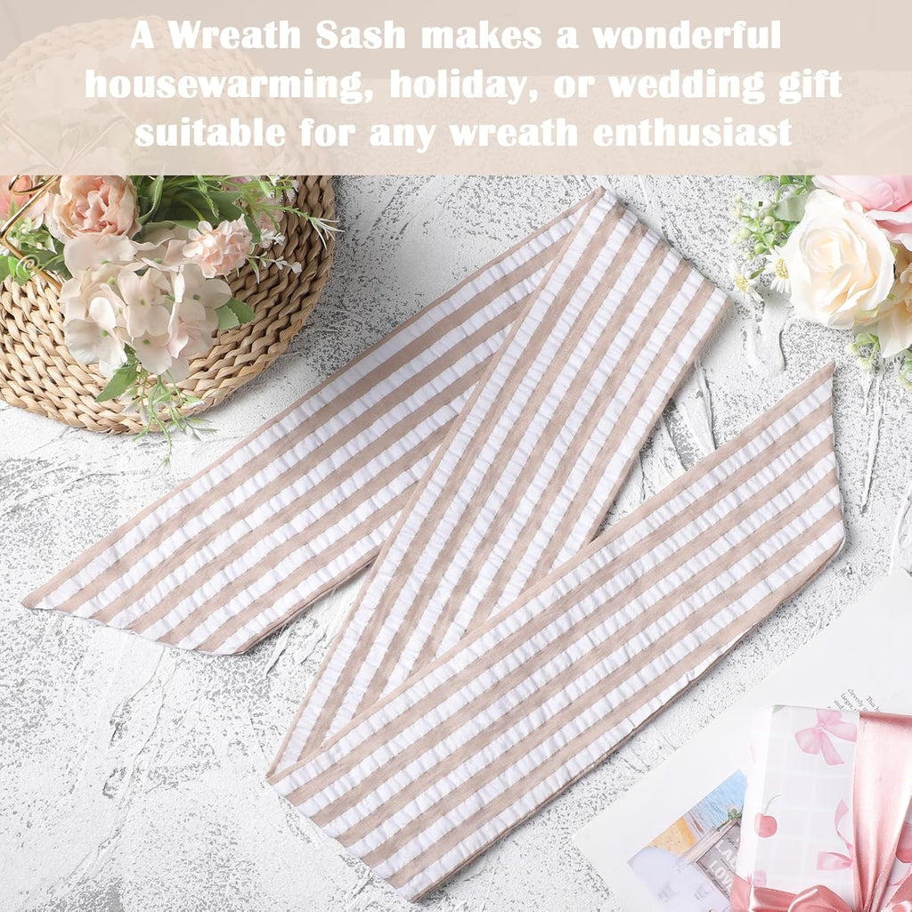Skiennix Brown Wreath Sash - 2 Pcs Rustic Seersucker for Embroidery Monogram Home Decor | 60 Inch Boho Stripe