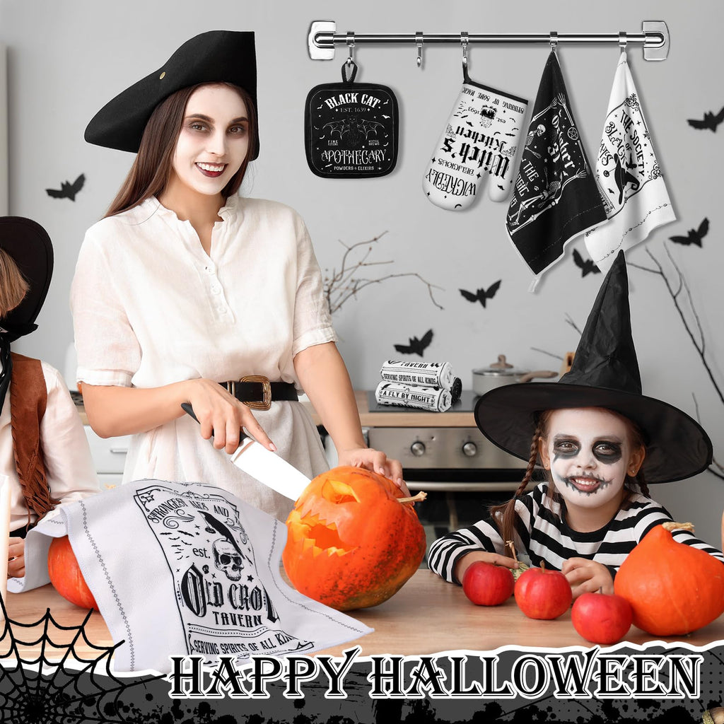 SiliFine 12 Pcs Oven Mitts and Kitchen Towel Sets 4 Dish Towels 4 Potholders 4 Vintage Resistant Glove for Cooking Baking Home Gifting(Goth Black and White)