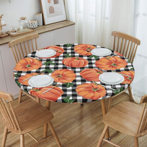 Fiokroo Autumn Pumpkins Checkerboard Tablecloth with Elastic Edge, Round Table Cloth Happy Thanksgiving Washable Reusable Table Cover for Kitchen Dining Party Picnic, Medium