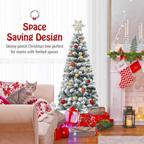 IFANNY 4.5 FT Snow Flocked Christmas Tree, Hinged Pencil Tree with 242 Branch Tips, Artificial Xmas Trees w/Folding Metal Stand, Slim Christmas Tree for Home Office Indoor Outdoor (242 Branches)