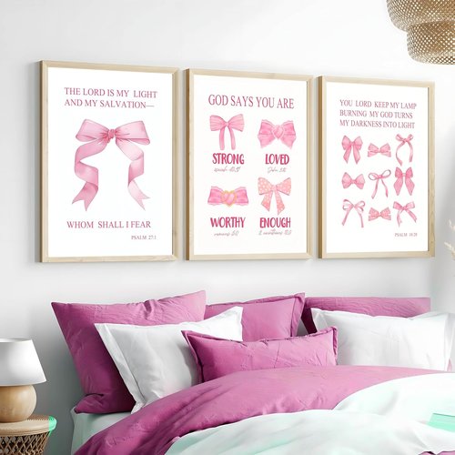 JBZDD Christian Pink Bow Wall Art - Set of 3 Unframed Inspirational Bible Verse Prints | 12x16in for Girls' Room Decor
