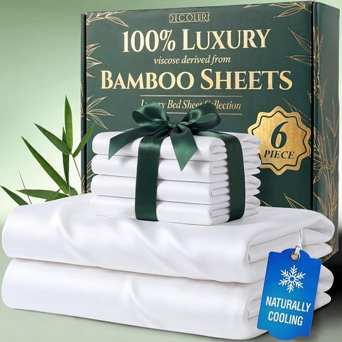 Decolure King Size Bamboo Viscose Sheets - Luxury 6-Pc Naturally Cooling Bed Set | Ultra Soft, Deep 17" Pockets, Oeko-Tex Certified (White)