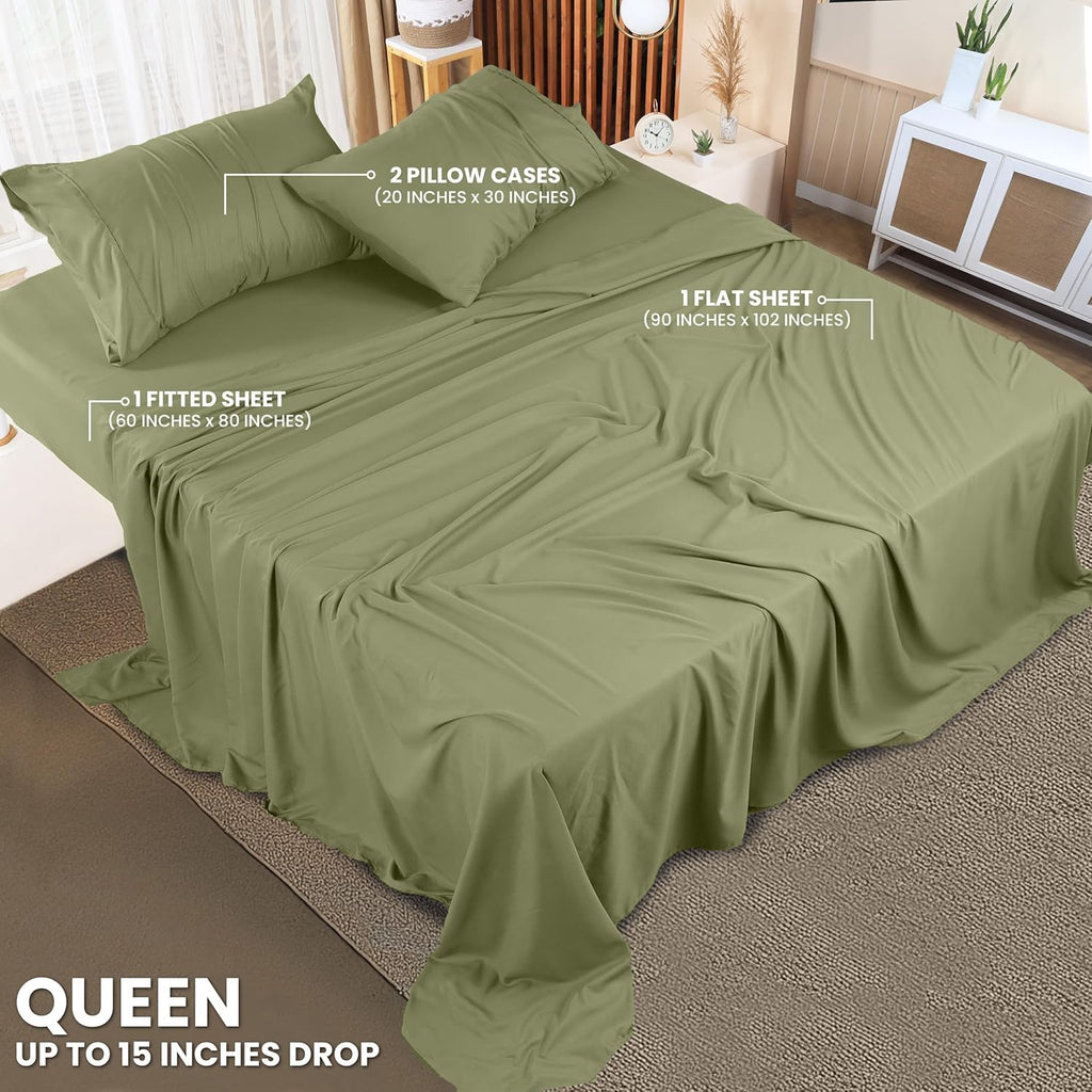 Utopia Bedding Queen Size Sheet Set - Soft, Breathable Microfiber - 4-Piece Olive Set with Fitted & Flat Sheets, 2 Pillowcases