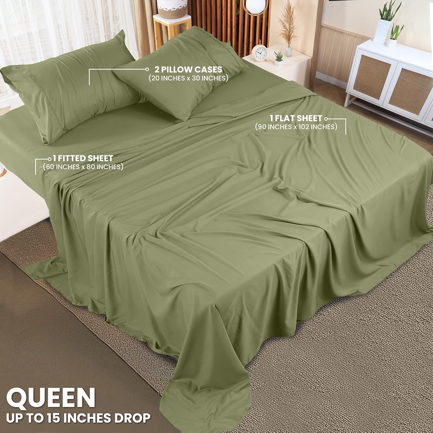 Utopia Bedding Queen Size Sheet Set - Soft, Breathable Microfiber - 4-Piece Olive Set with Fitted & Flat Sheets, 2 Pillowcases
