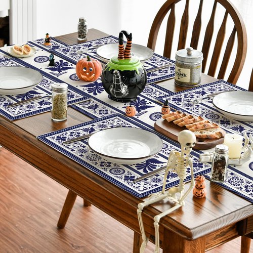 Artoid Mode Talavera Tiles Floral Phoenix Fiesta Mexican Placemats Set of 6, 12x18 Inch Seasonal Fall Holiday Table Mats for Party Kitchen Dining Decoration