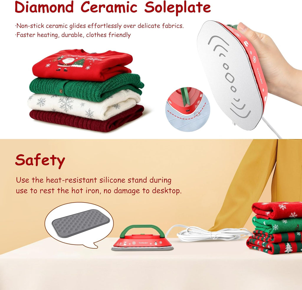 Newbealer Travel Iron - Mini Dry Iron for Clothes | Global Voltage 100-240V, 302℉, Lightweight 0.8lb, Classic Red