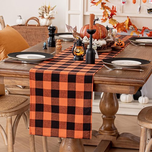 Softalker Fall Checkered Table Runner - Orange Buffalo Plaid Halloween Thanksgiving Stain Resistant Washable Table Decoration for Dining/Parties/Holiday Decor, 13 x 120 Inch