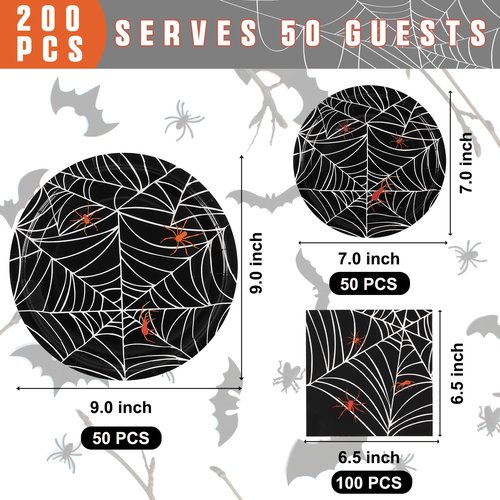 Homlouue 200 PCS Halloween Plates and Napkins, Spider Web Paper Plates for Halloween Party Decoration, Serve 50, Disposable Dinnerware Set