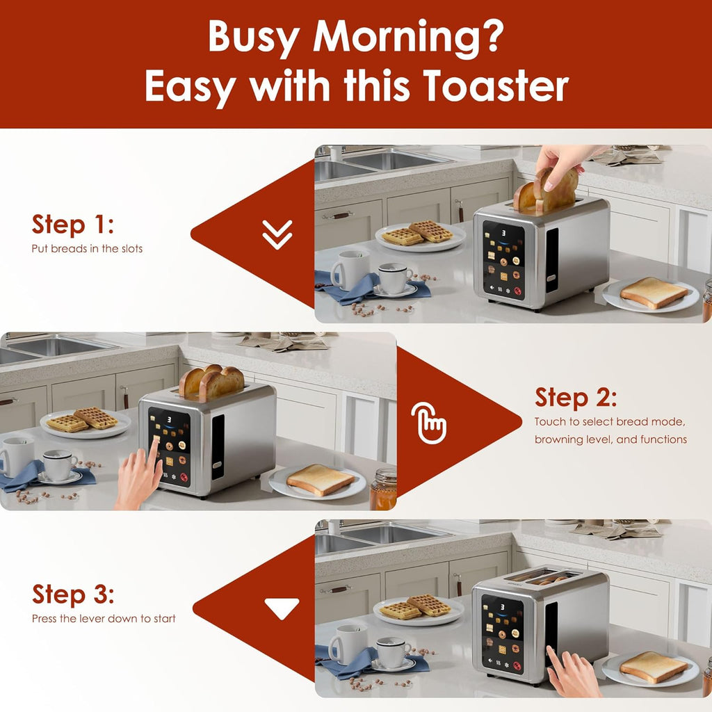 WHALL Stainless Steel 2-Slice Toaster - Full Touch Screen, Digital Timer, 6 Bread Types & Shades, Silver