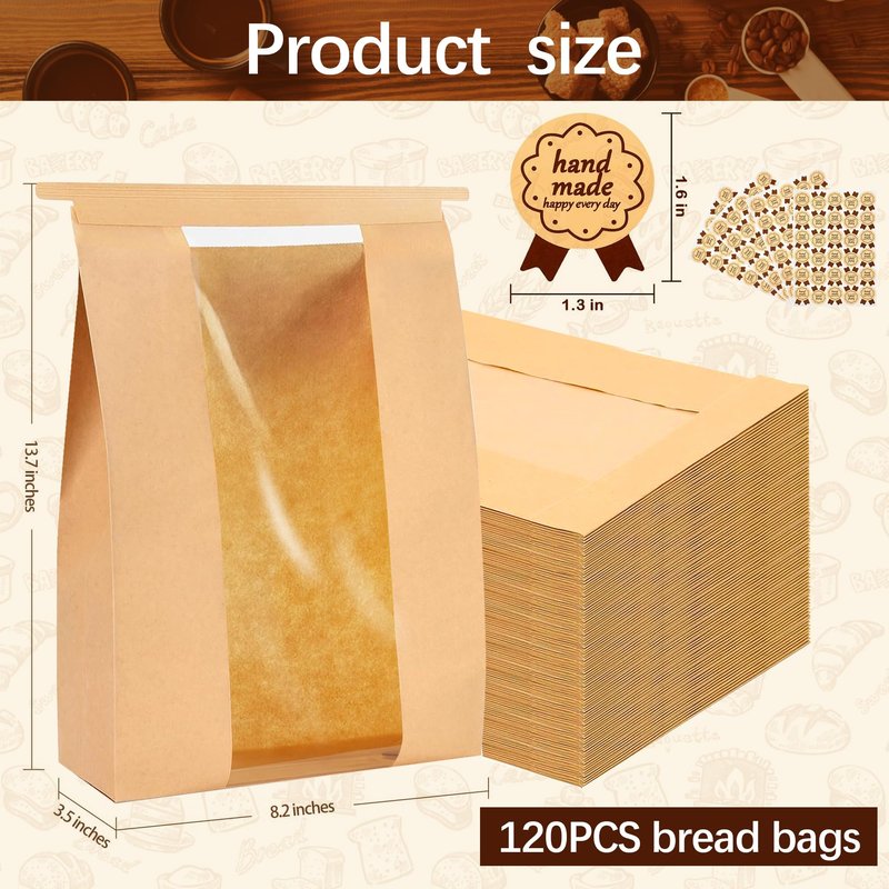 EUVBOKW 120 Pcs Bread Bags for Homemade Bread with Window and120 Sealing Stickers Sourdough Bread Bags for Storage of Bread 13.7x8.3x3.7 Inches Tin Tie Tab Lock Large Bakery Paper Bags