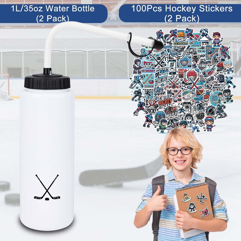 RhythmFit Hockey Gifts,2 Pack Hockey Water Bottle with Long Straw and 100PCS Stickers Accessories Stuff for Boys Men Player Lovers (1L,Squeeze,BPA-Free)