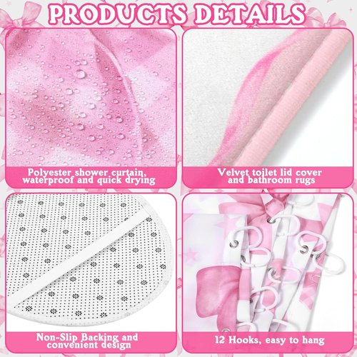 FuWeave Pink Bow Shower Curtain Set - 8 Pcs Cute Coquette Bathroom Decor with Towels & Rugs
