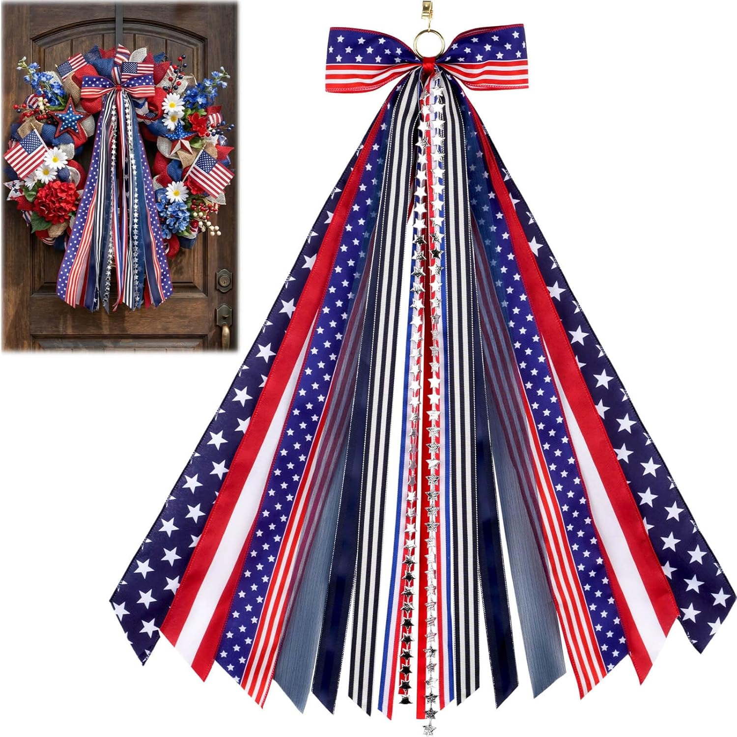 YKW Patriotic Wreath Sash - 27.5" Red, White & Blue Ribbon Bundle with Star Charm | 4th of July Decor